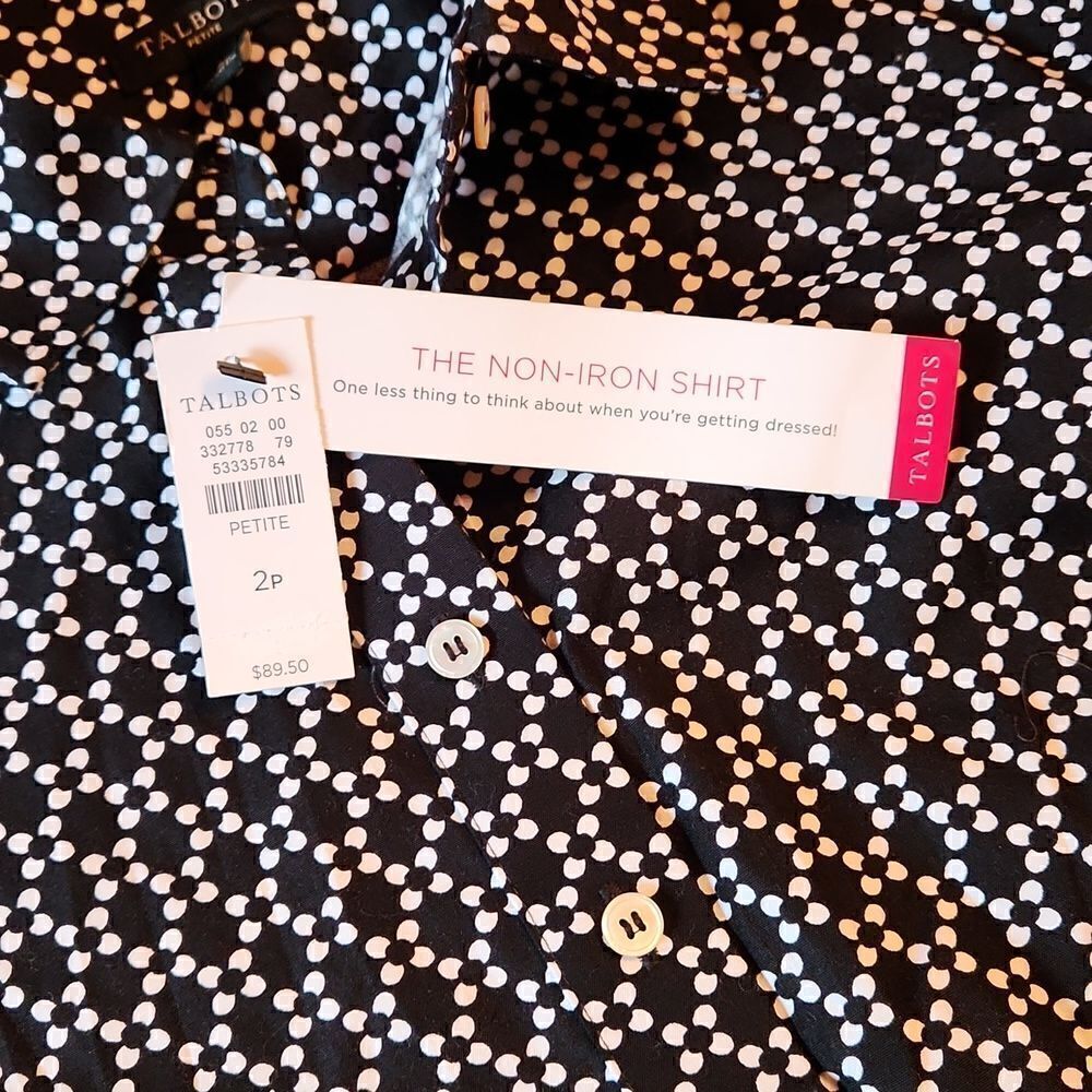 Talbots Long Sleeve Non-Iron Tunic Collared Shirt, 2 Petite Black & White Floral - Picture 6 of 9